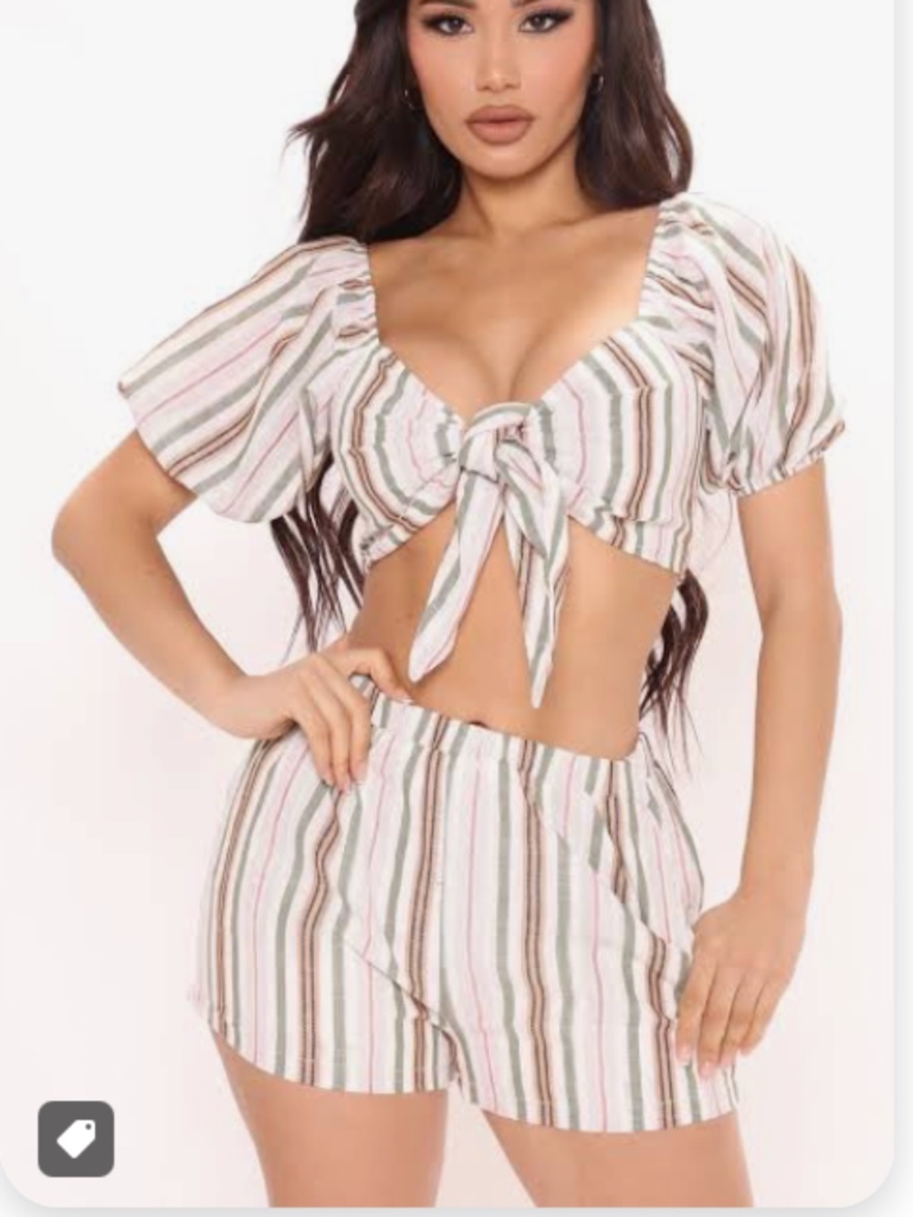 HYFVE Pink & Green Striped Puff-Sleeve Tie-Front Crop Top and Shorts Set